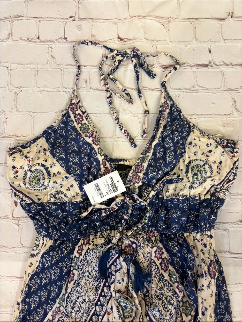 Boho Halter Maxi Dress in Navy and Cream - Picture 3 of 7